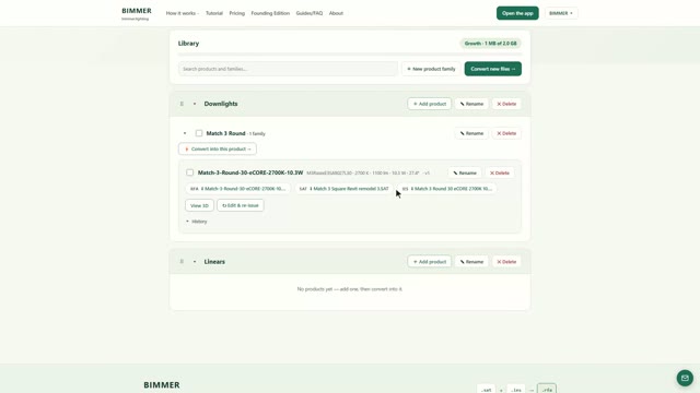 Your product library — families with their SAT and IES