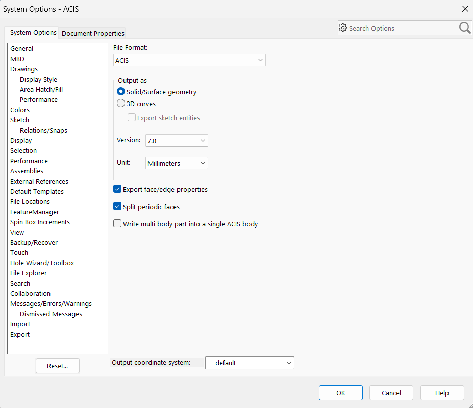 SolidWorks ACIS export options: version 7.0, Solid output, millimetres, single-body box unticked