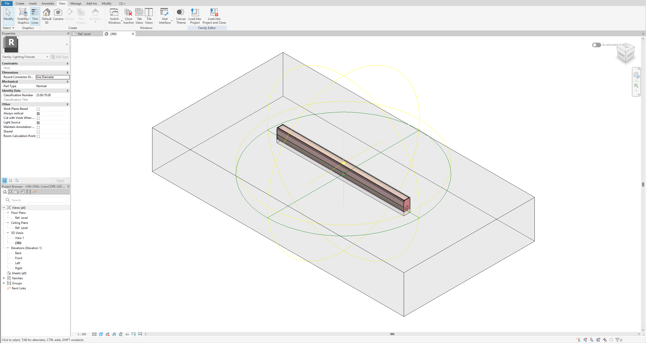 The same in-ground linear as a Revit family, its light source bound and aimed upward