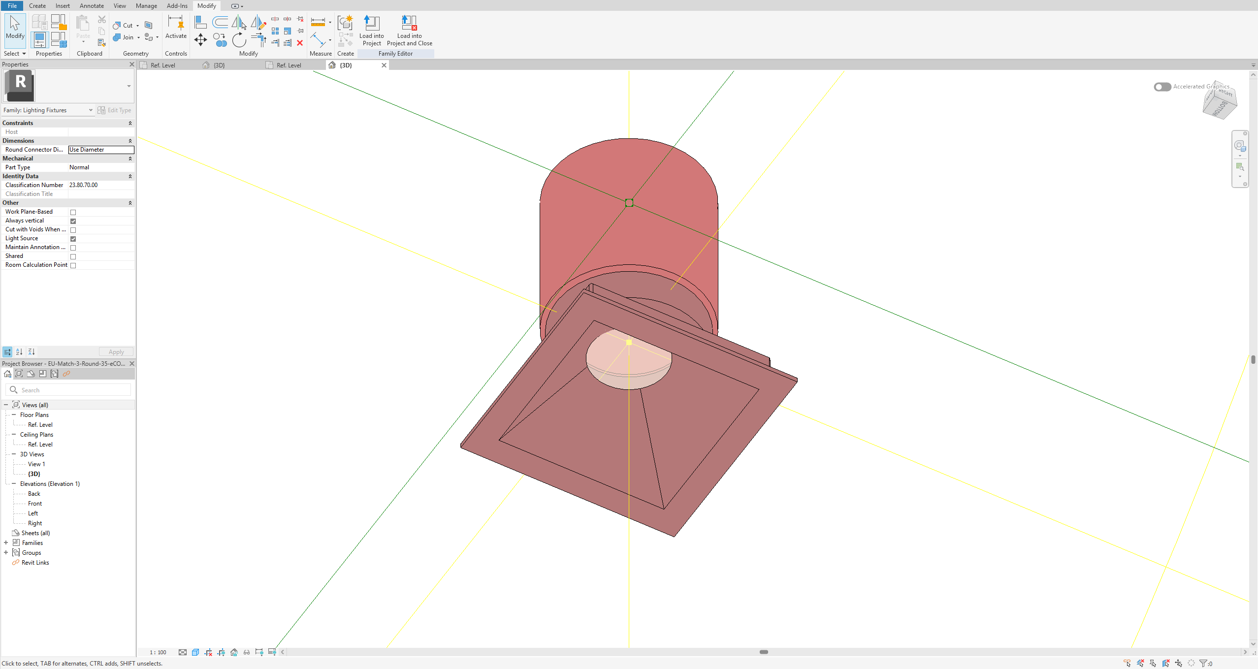 The same luminaire as a Revit family, with its light source and photometric web bound