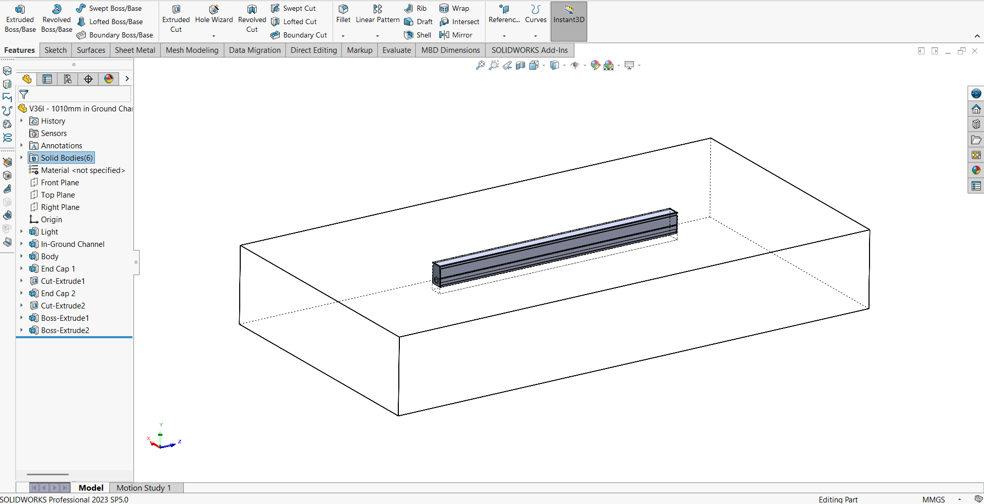 An in-ground linear luminaire modelled in SolidWorks, its LED channel kept as separate bodies