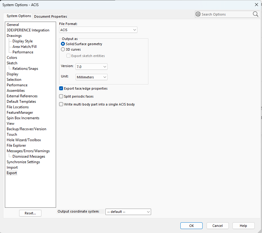 SolidWorks: Set the ACIS options