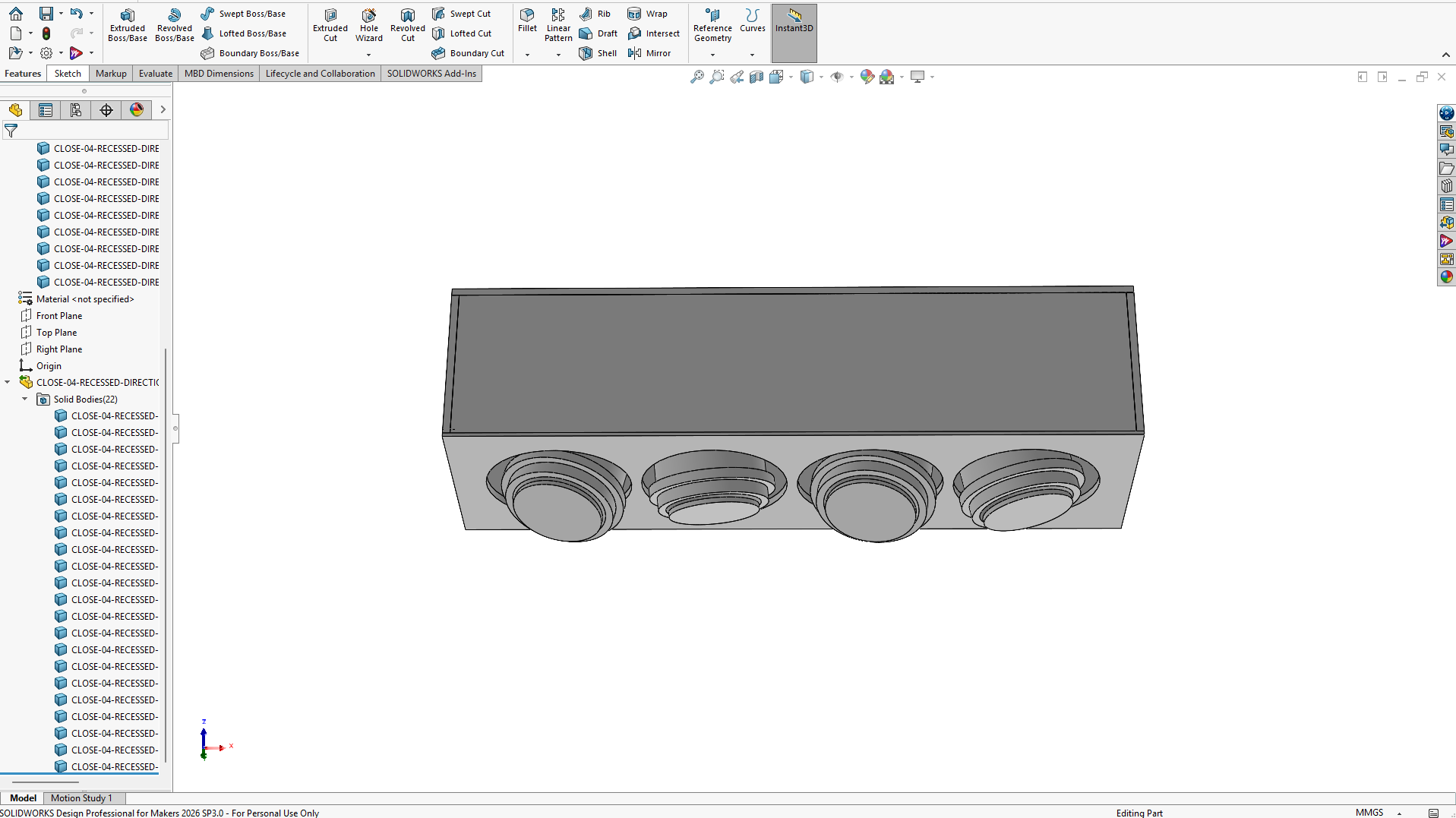 Four-head gimbal luminaire in SolidWorks, with separate optical heads in one recessed housing