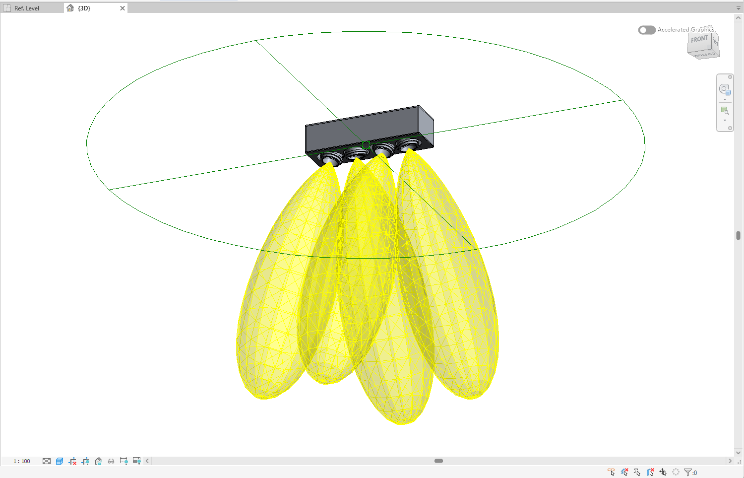 The four-head gimbal luminaire in Revit, showing a light source and yellow IES distribution at each head