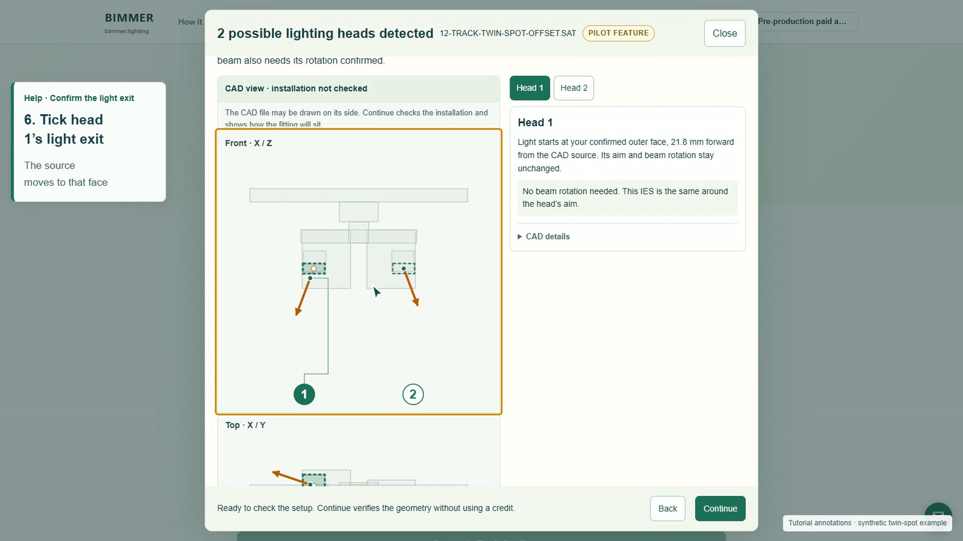 Confirm the light exit for a twin spot: tick each head’s proposed outer face, then Continue and Confirm setup